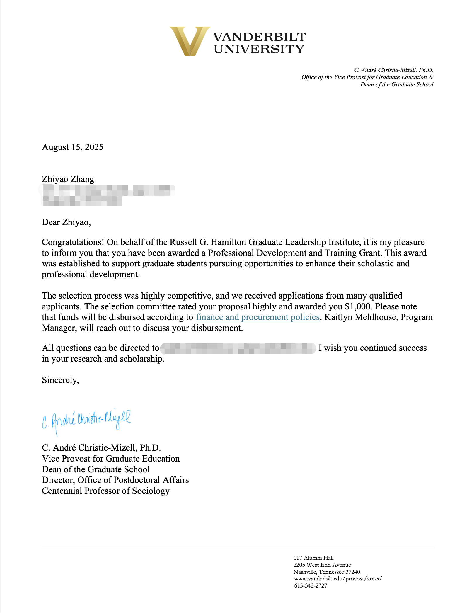 Professional Development and Training Grant Letter